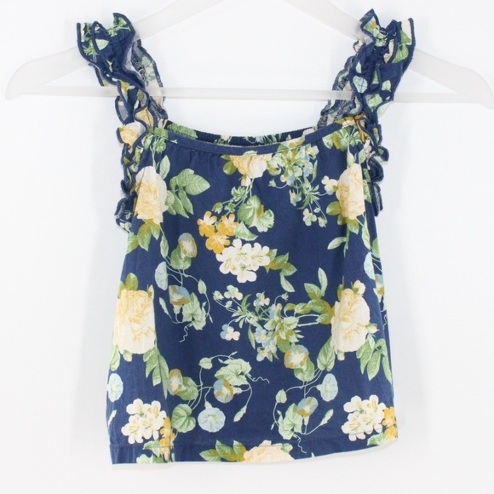 Old Navy Floral Ruffle Tank Top Size S 6-7 Navy Blue Rose Print Blouse